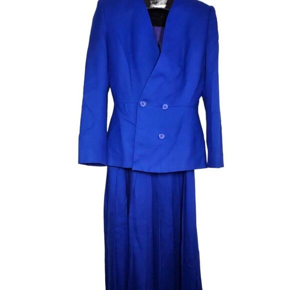 Vintage 80s Gallery Nordstrom Jacket Skirt Suit Set Womens S Blue Wool Blend - Picture 1 of 10